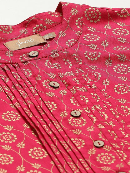 Women's Fuchsia Foil Pleated Front Button Top