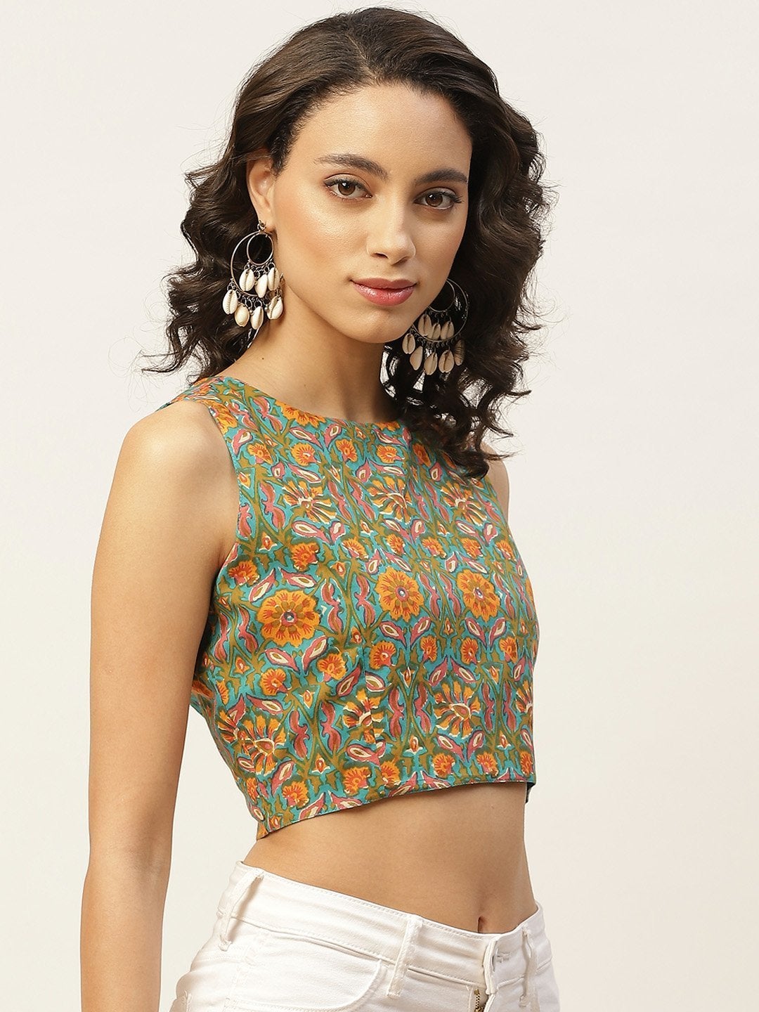Women's Teal Floral Sleeveless Crop Top