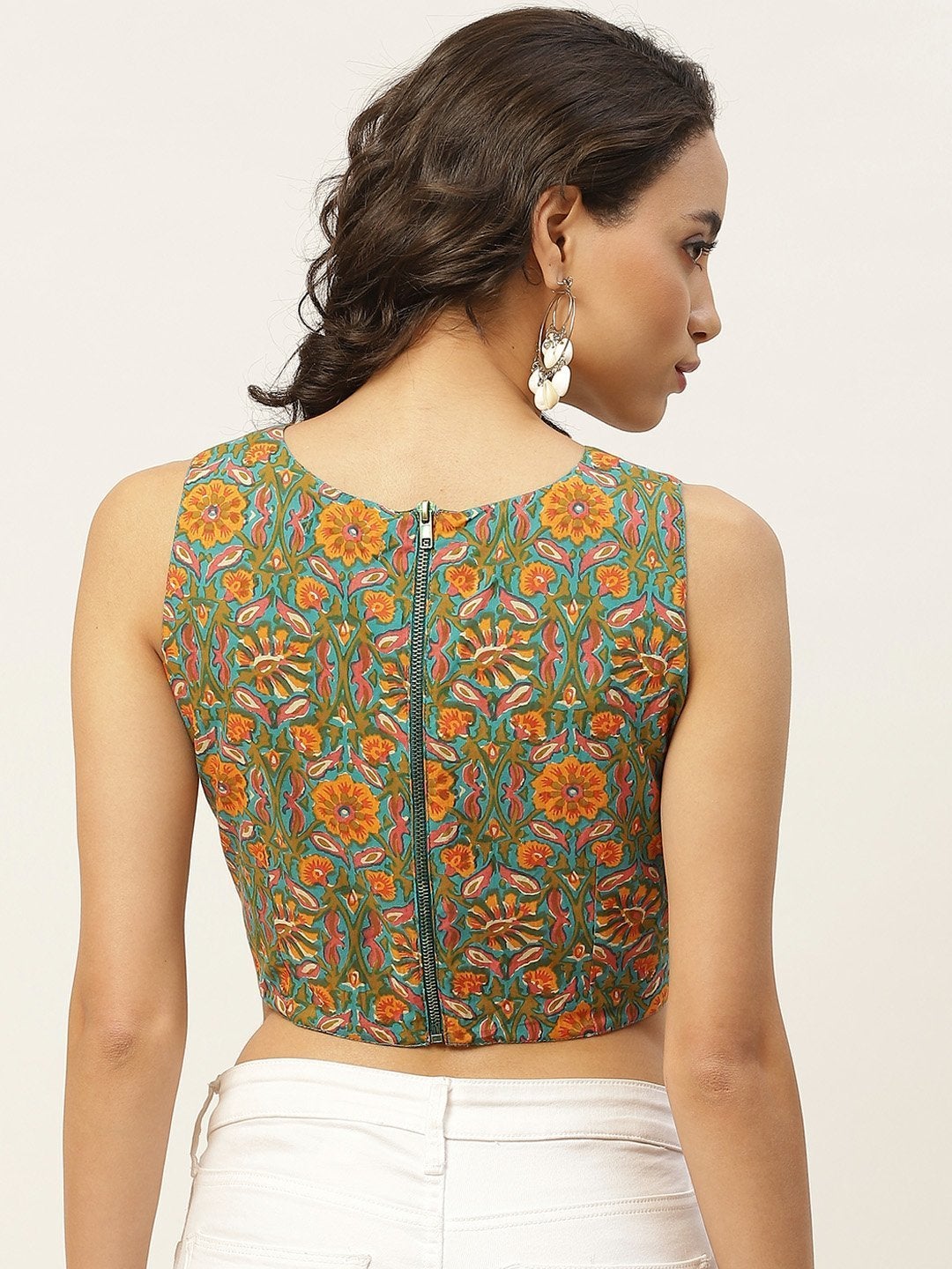 Women's Teal Floral Sleeveless Crop Top