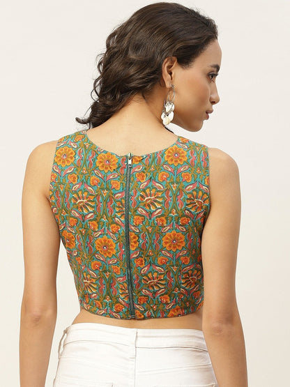 Women's Teal Floral Sleeveless Crop Top