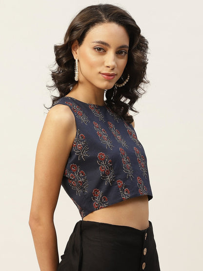 Women's Navy Floral Sleeveless Crop Top