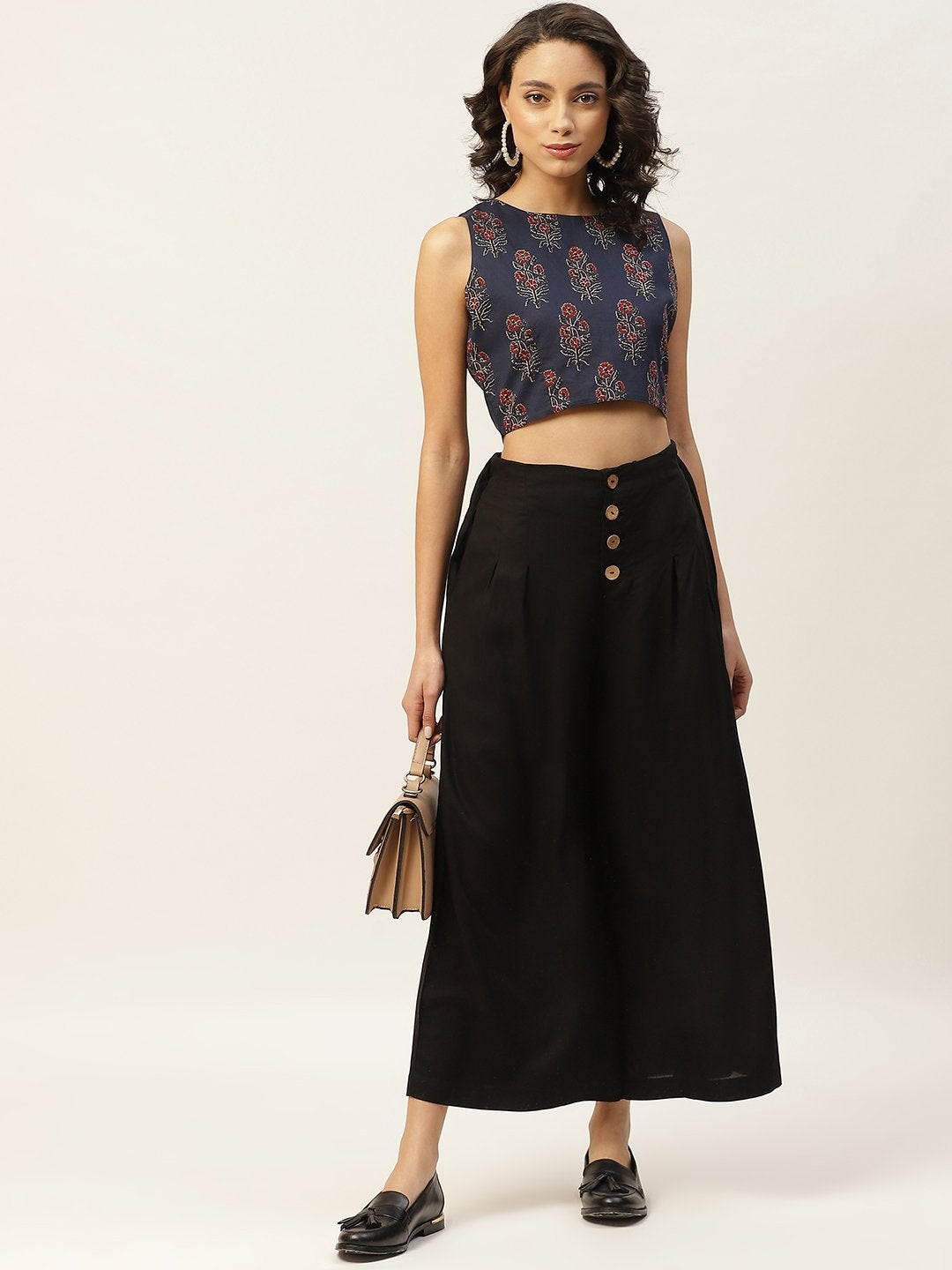 Women's Navy Floral Sleeveless Crop Top