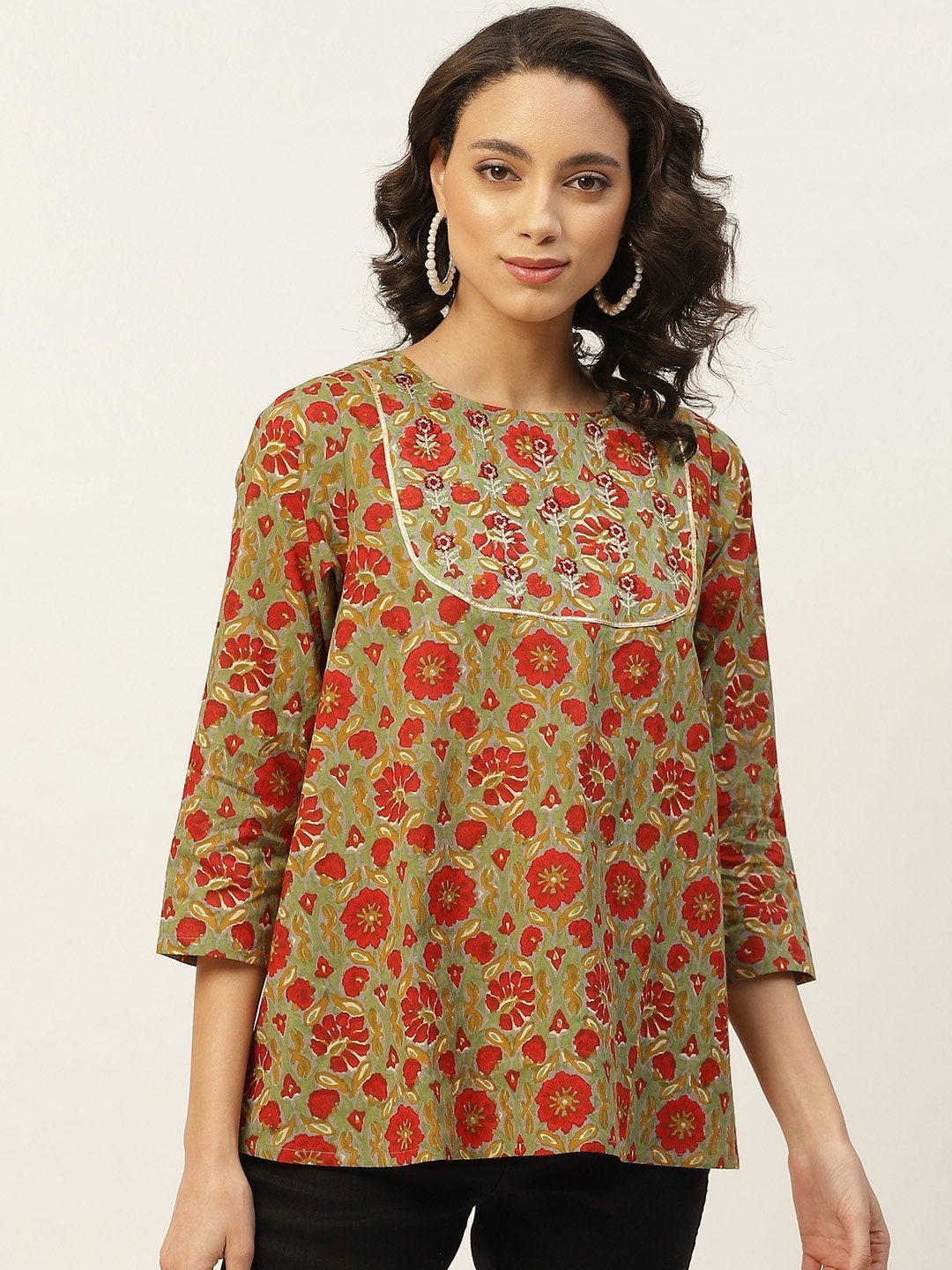 Women's Grey Floral Zari Embroidery A Line Top