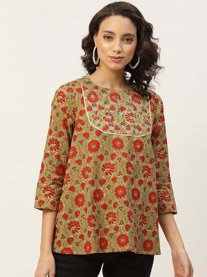 Women's Grey Floral Zari Embroidery A Line Top