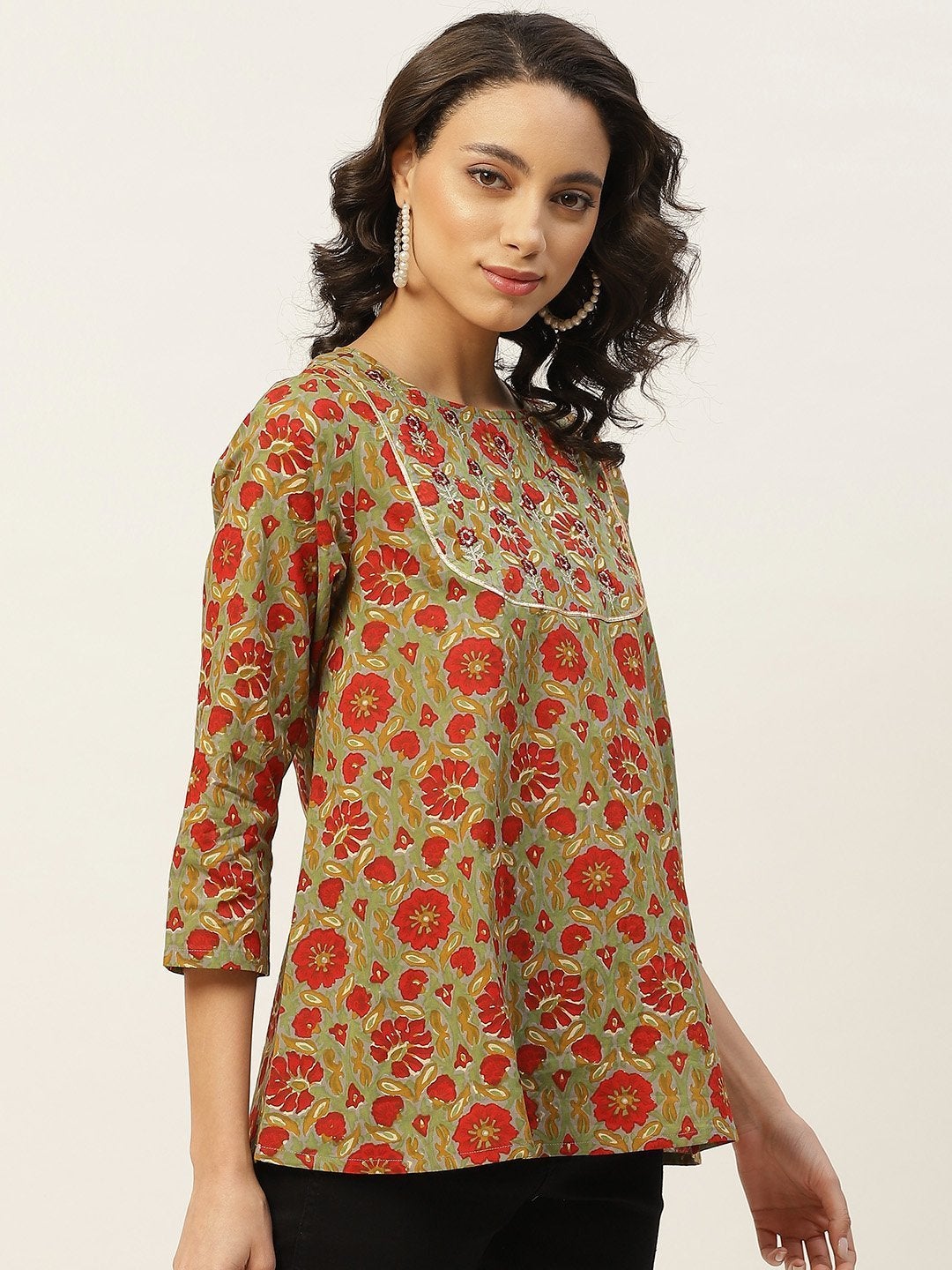 Women's Grey Floral Zari Embroidery A Line Top