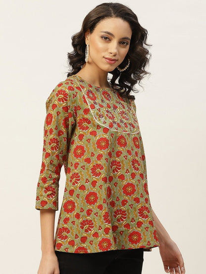 Women's Grey Floral Zari Embroidery A Line Top