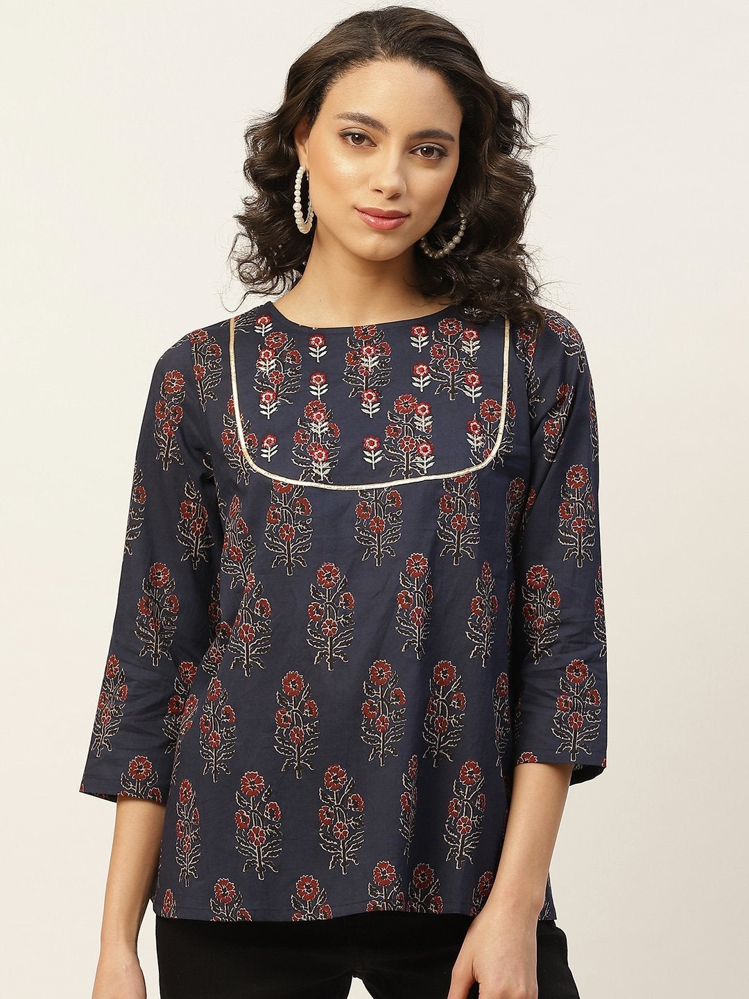 Women's Navy Floral Zari Embroidery A Line Top