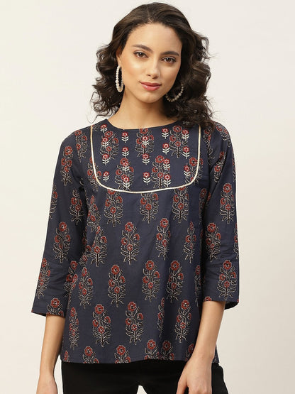 Women's Navy Floral Zari Embroidery A Line Top