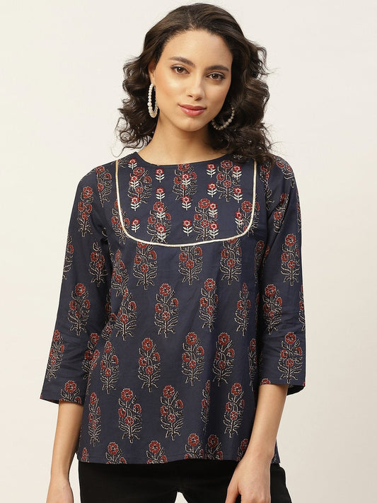 Women's Navy Floral Zari Embroidery A Line Top