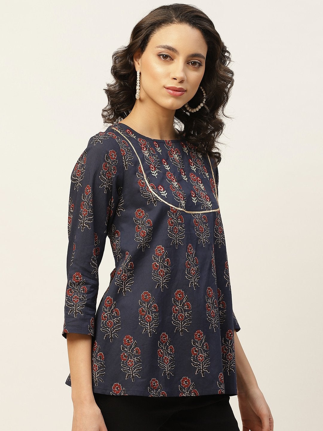 Women's Navy Floral Zari Embroidery A Line Top