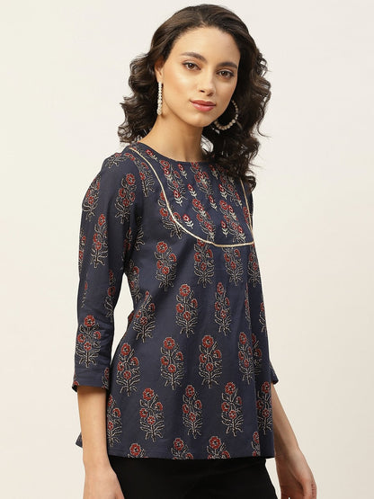 Women's Navy Floral Zari Embroidery A Line Top