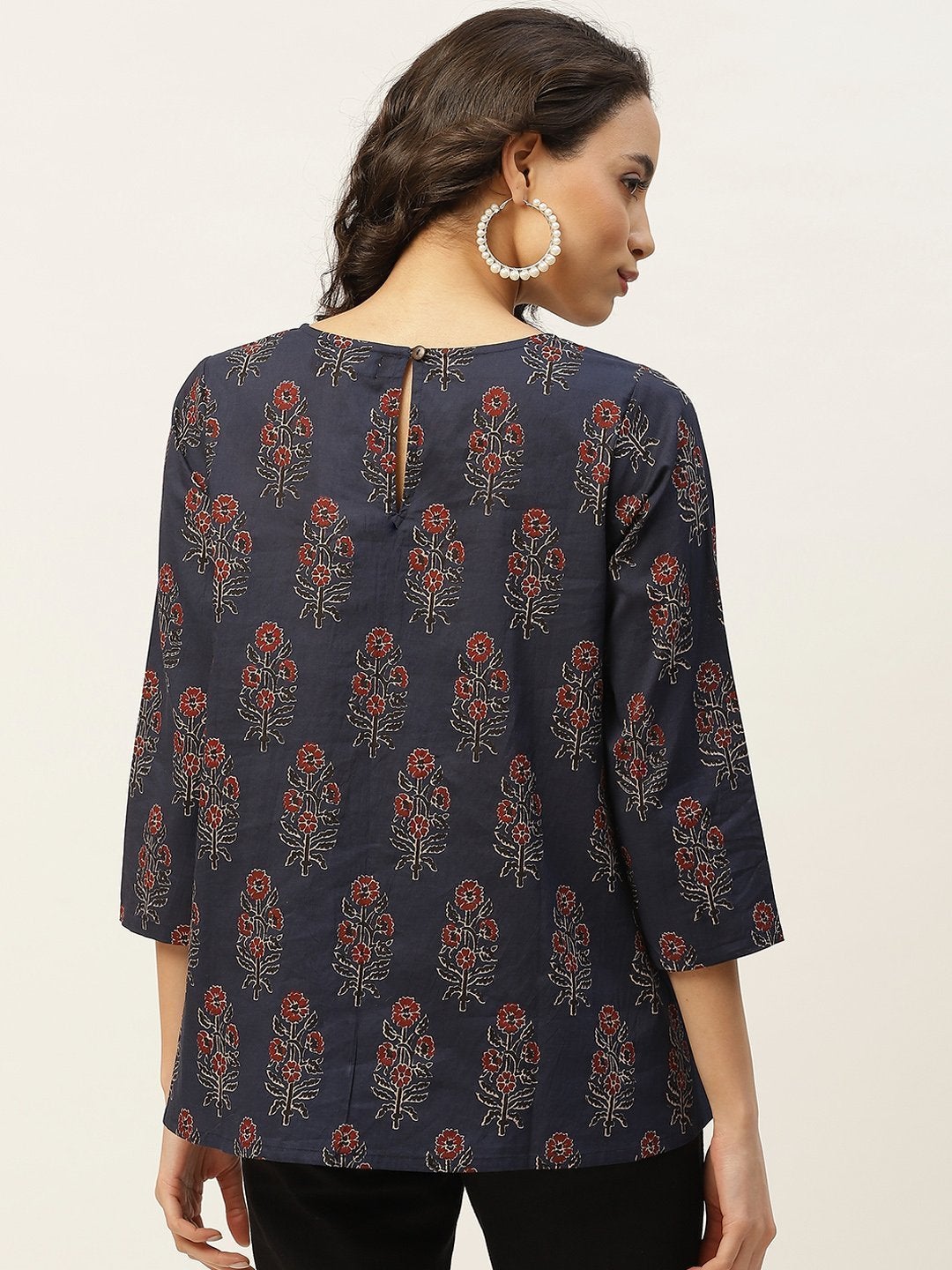 Women's Navy Floral Zari Embroidery A Line Top