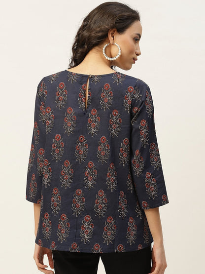 Women's Navy Floral Zari Embroidery A Line Top