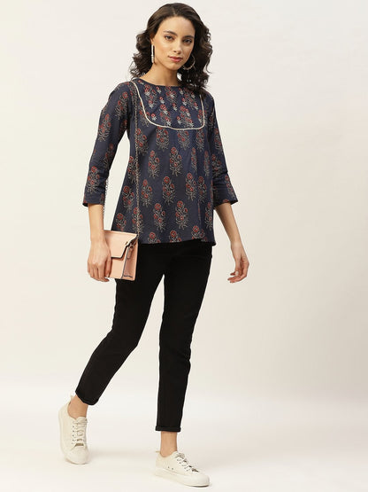 Women's Navy Floral Zari Embroidery A Line Top