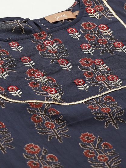 Women's Navy Floral Zari Embroidery A Line Top