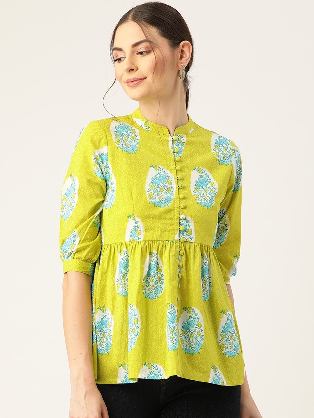 Women's Lime Green Bird Floral Top