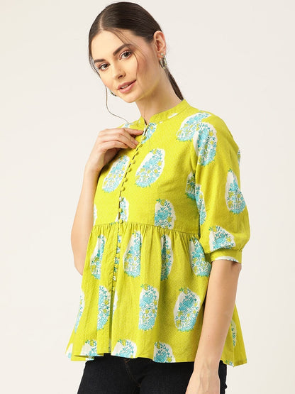 Women's Lime Green Bird Floral Top