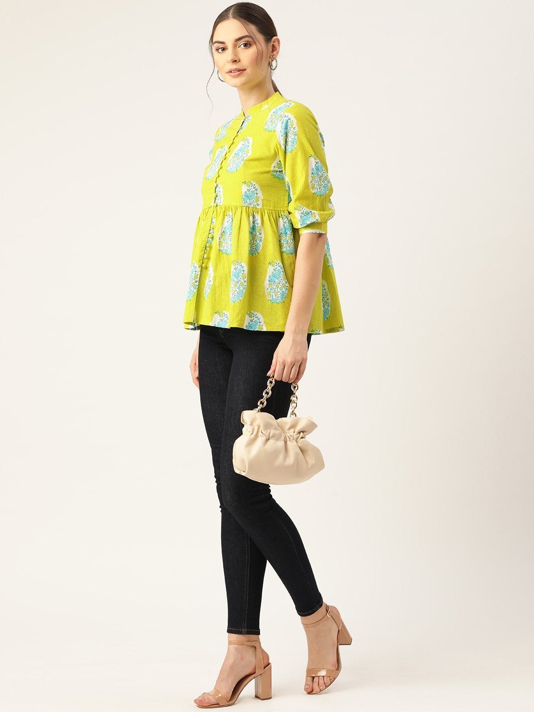 Women's Lime Green Bird Floral Top