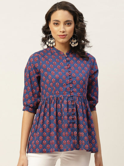 Women's Blue Floral Front Button Top