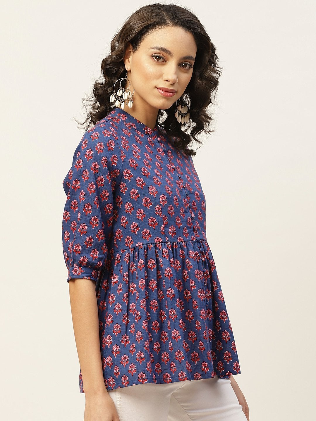Women's Blue Floral Front Button Top