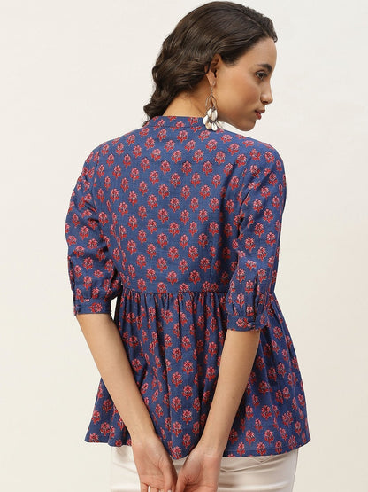 Women's Blue Floral Front Button Top
