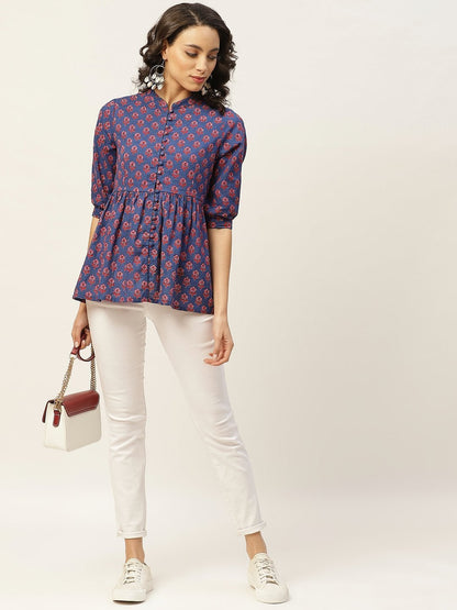 Women's Blue Floral Front Button Top