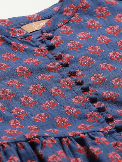 Women's Blue Floral Front Button Top