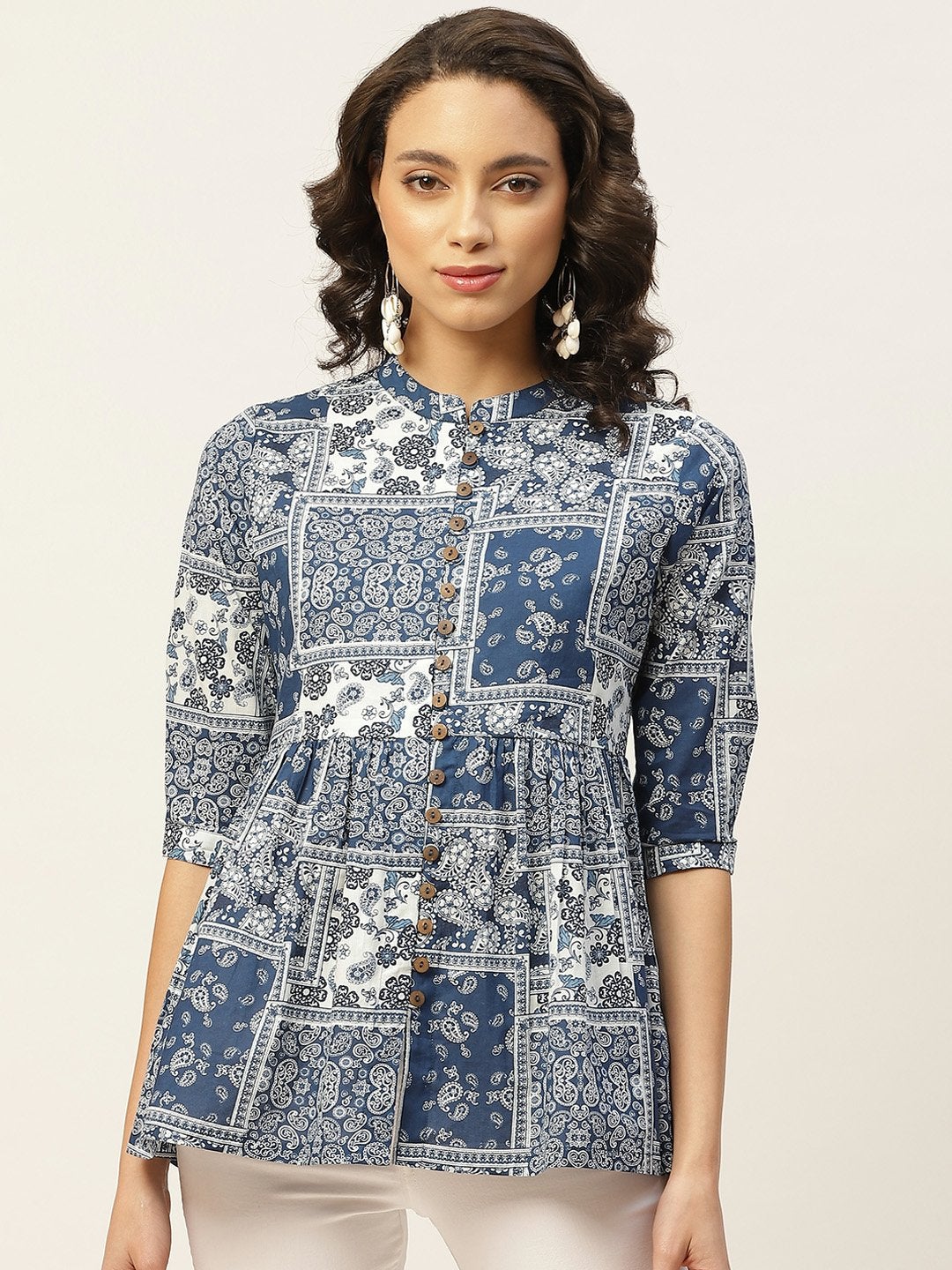 Women's Navy Floral Front Button Top