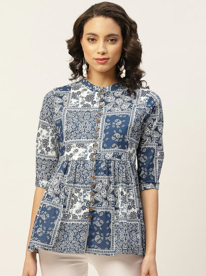 Women's Navy Floral Front Button Top