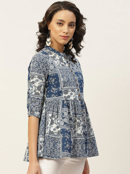 Women's Navy Floral Front Button Top