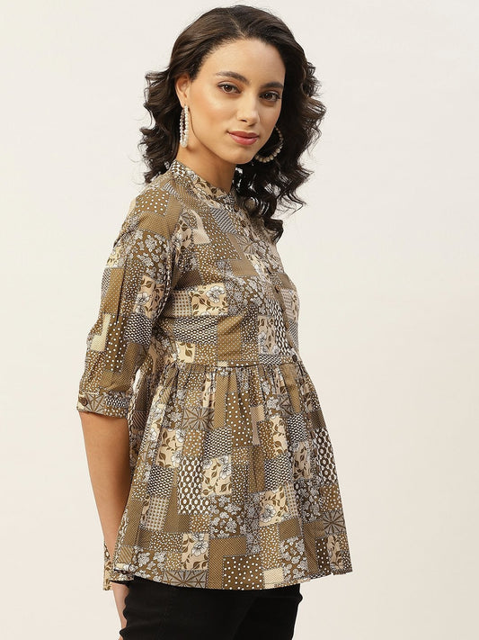 Women's Brown Floral Front Button Top