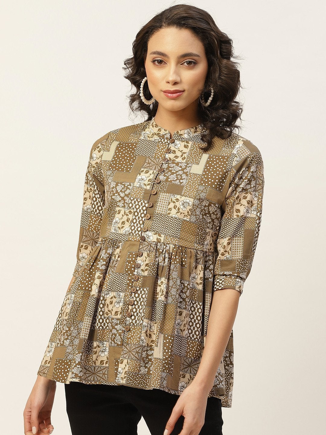 Women's Brown Floral Front Button Top
