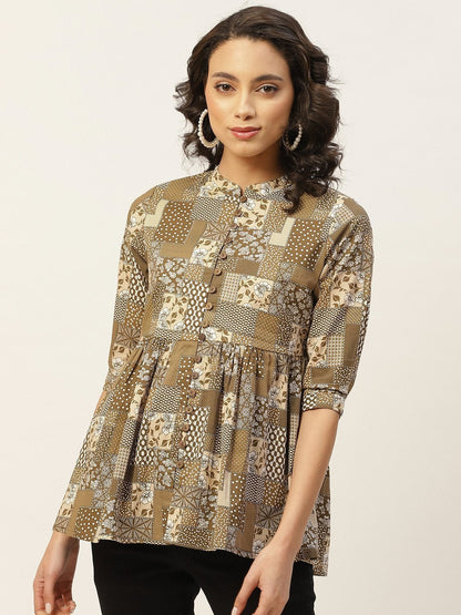 Women's Brown Floral Front Button Top