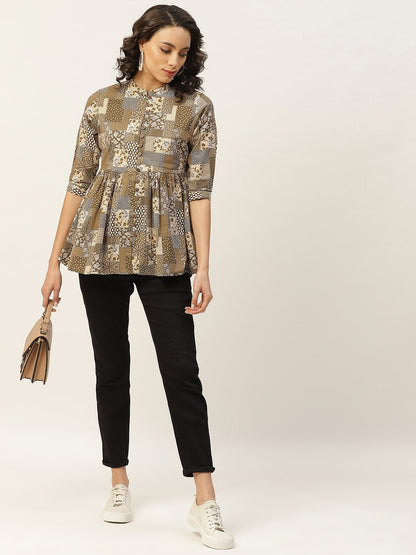 Women's Brown Floral Front Button Top