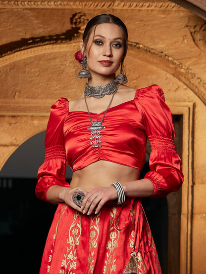 Women's Orange Satin Puff Sleeves Crop Top