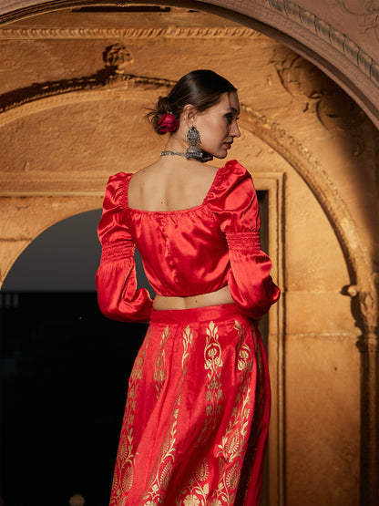 Women's Orange Satin Puff Sleeves Crop Top