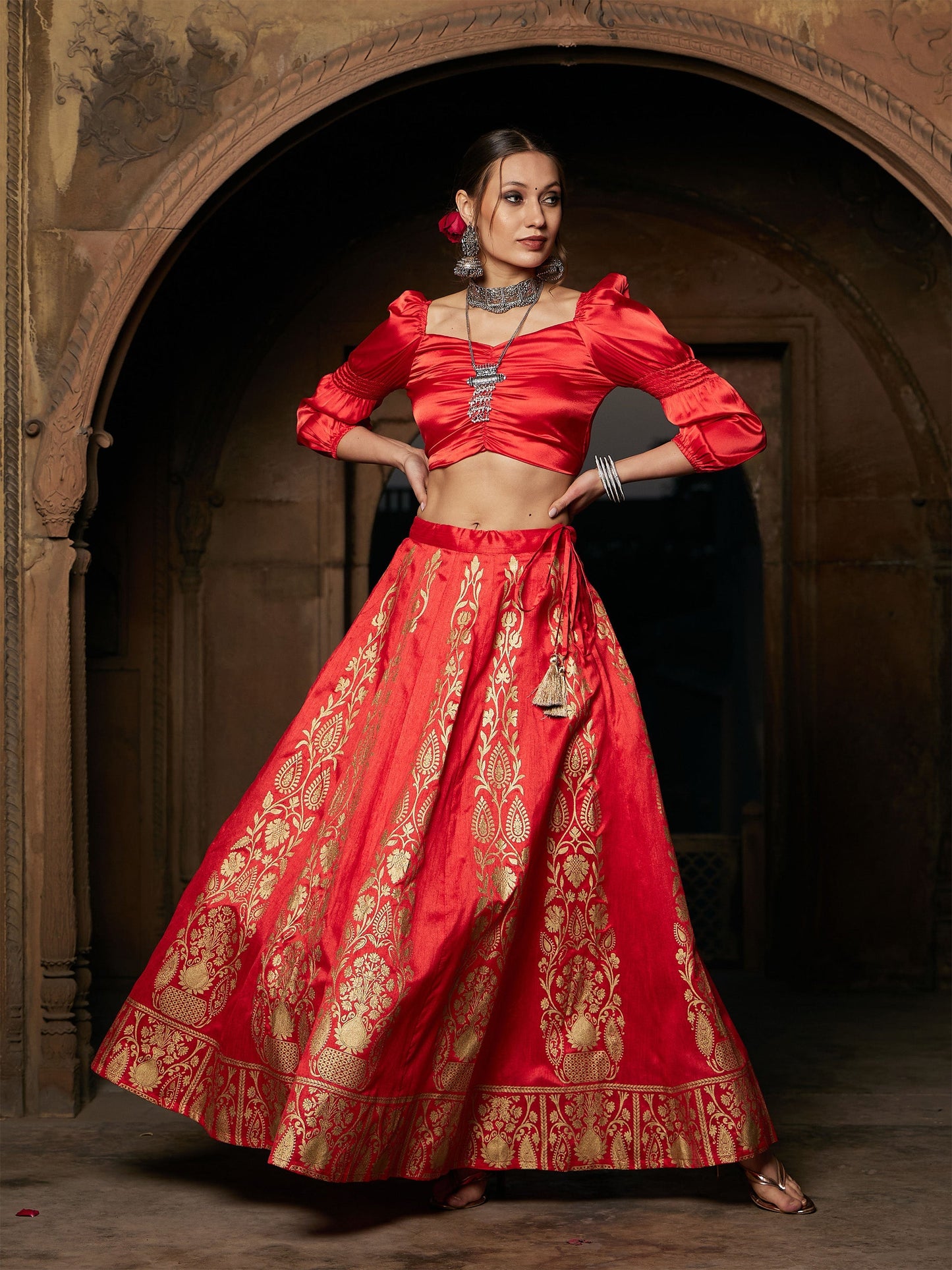 Women's Orange Satin Puff Sleeves Crop Top