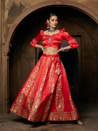 Women's Orange Satin Puff Sleeves Crop Top