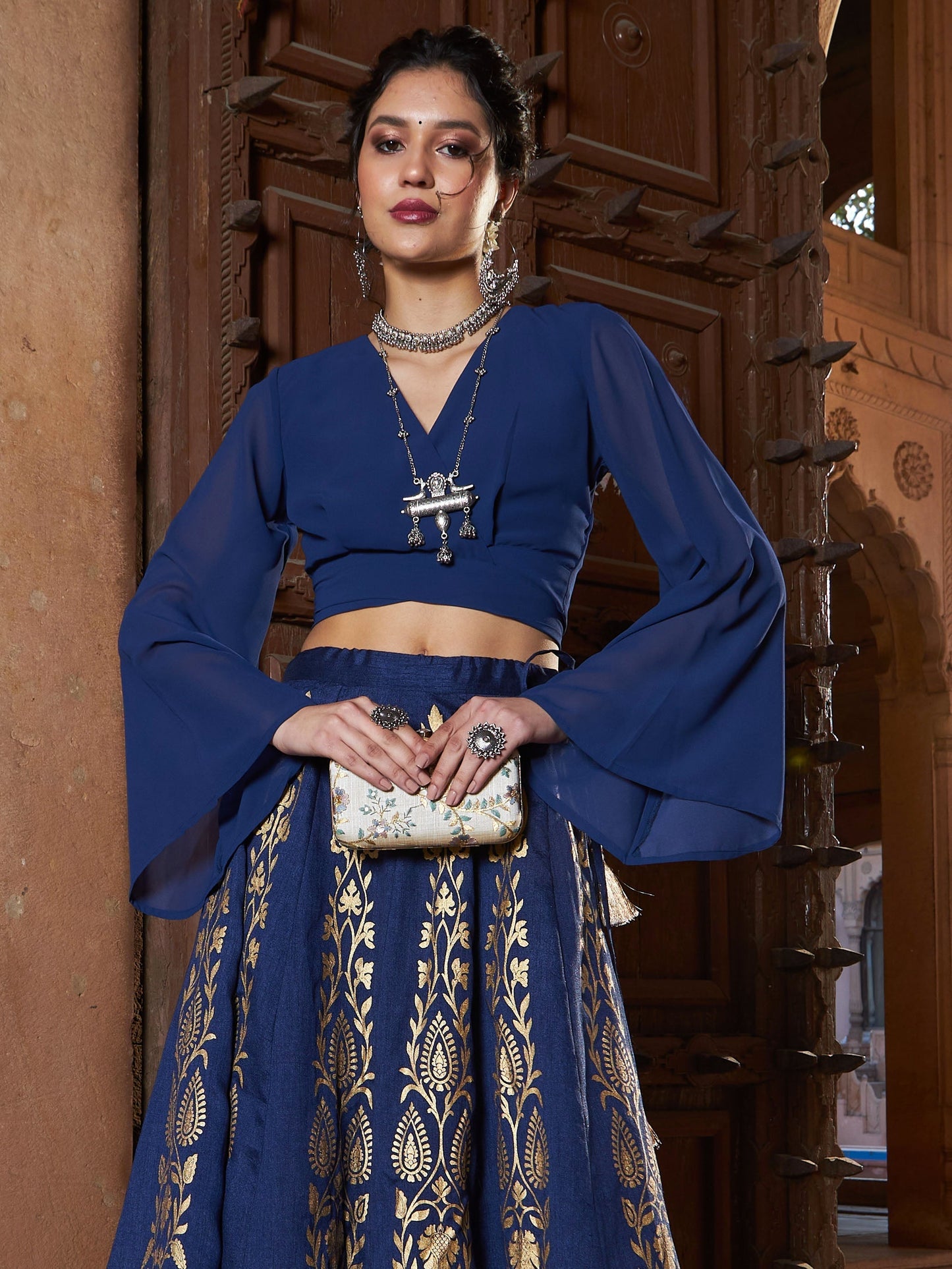 Women's Navy Wrap Tie Knot Crop Top