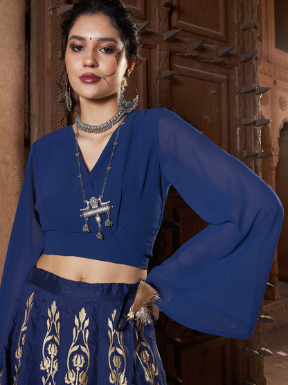 Women's Navy Wrap Tie Knot Crop Top
