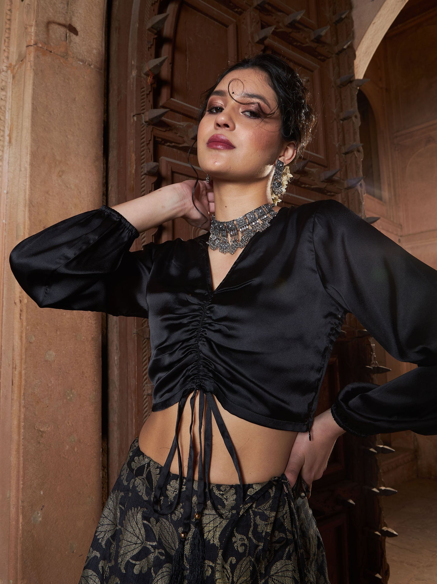 Women's Black Satin Ruched Crop Top