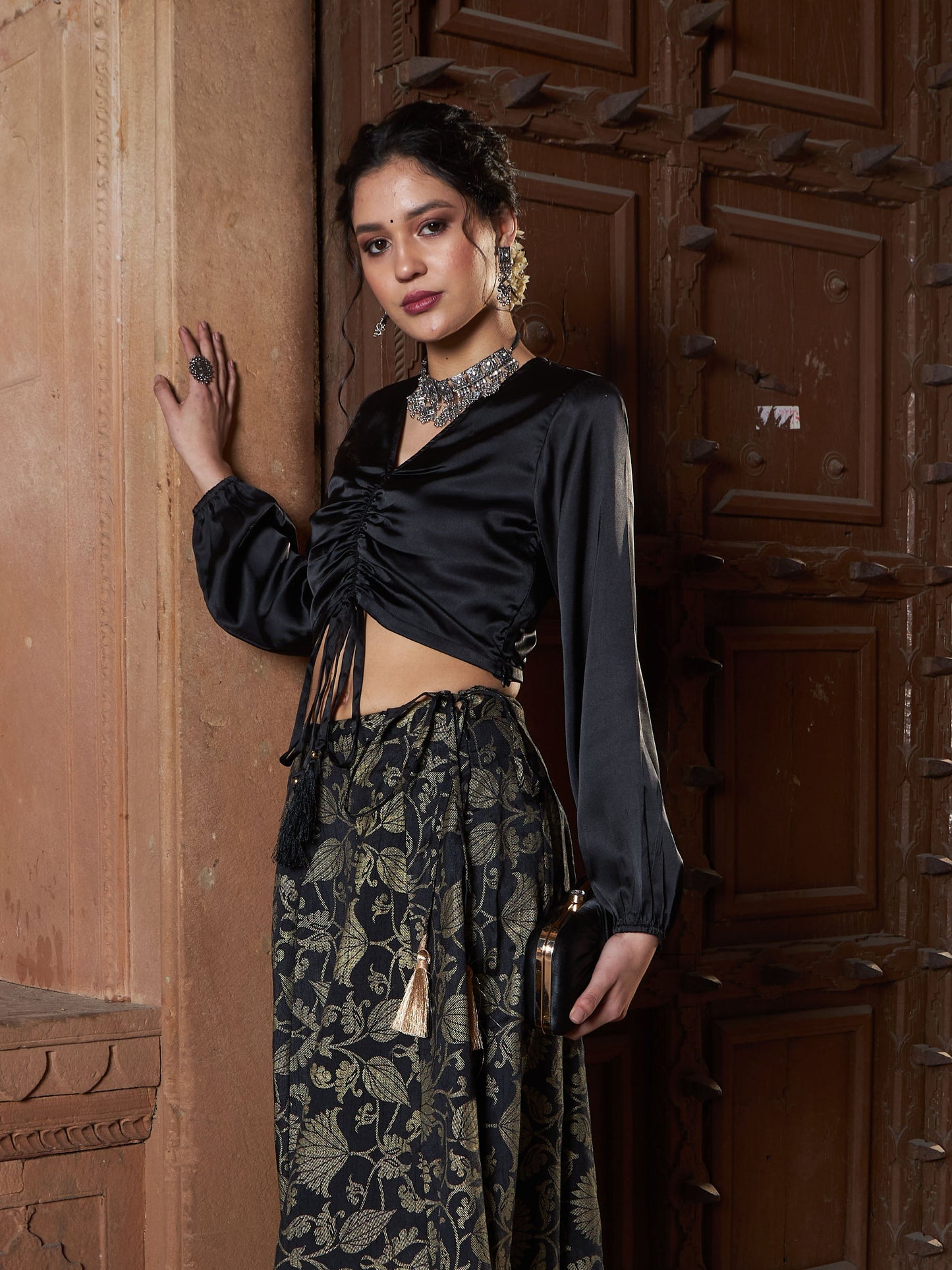 Women's Black Satin Ruched Crop Top