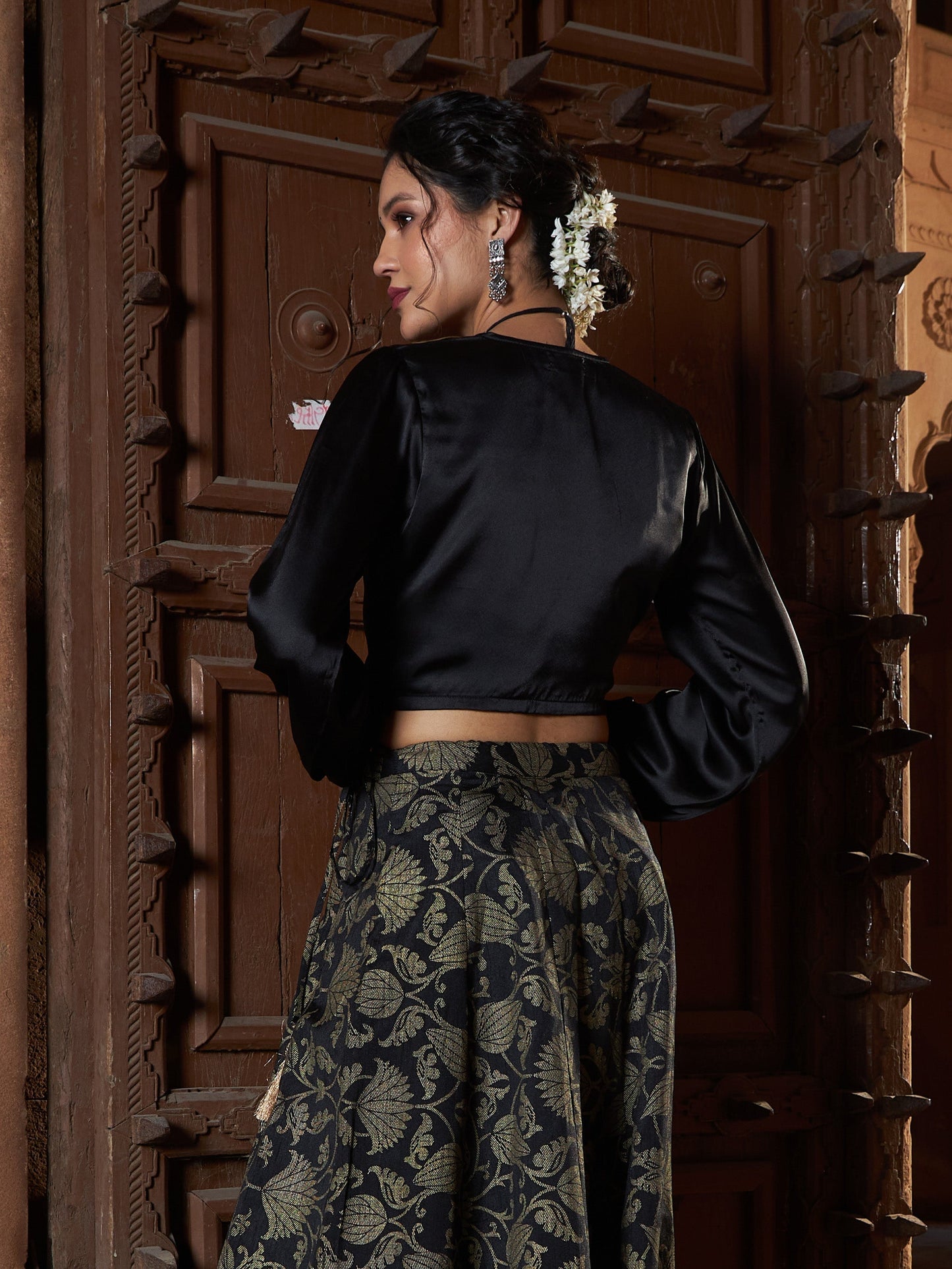 Women's Black Satin Ruched Crop Top