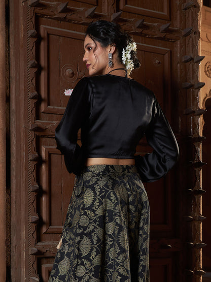 Women's Black Satin Ruched Crop Top