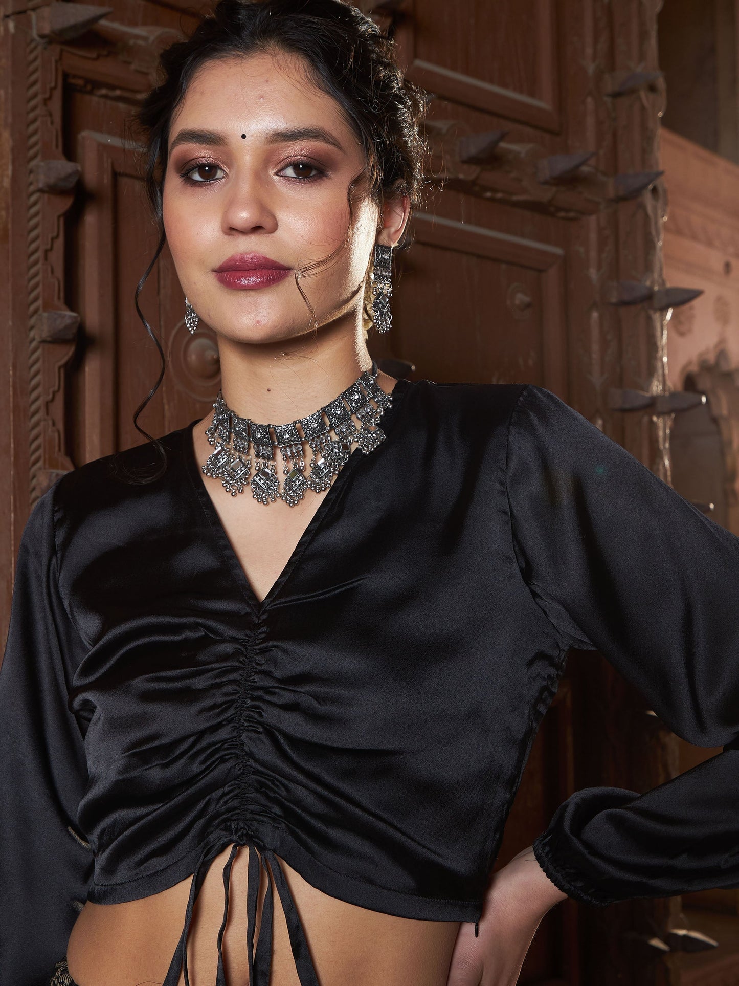 Women's Black Satin Ruched Crop Top