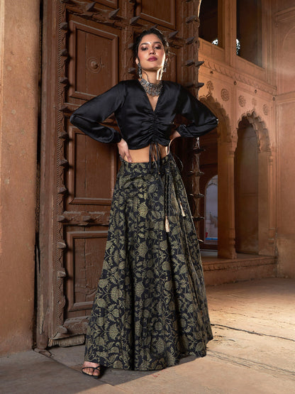 Women's Black Satin Ruched Crop Top