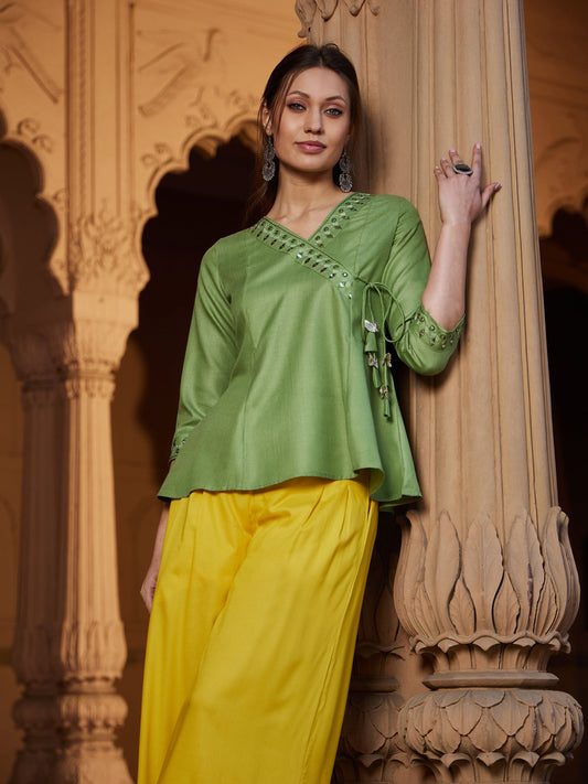 Women's Green Embroidered Angrakha Top