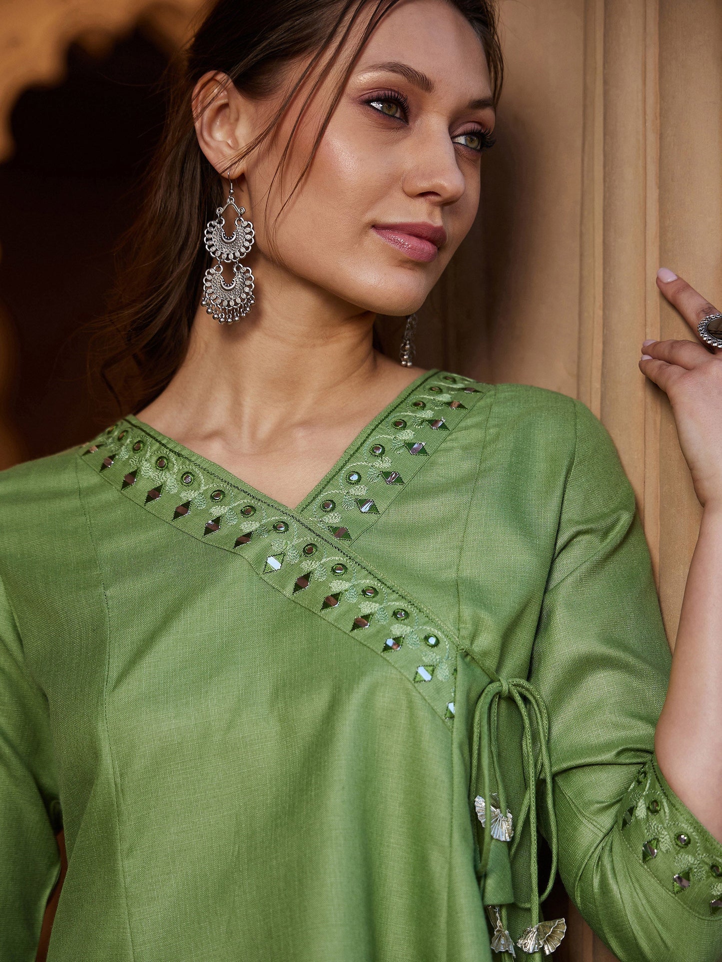 Women's Green Embroidered Angrakha Top