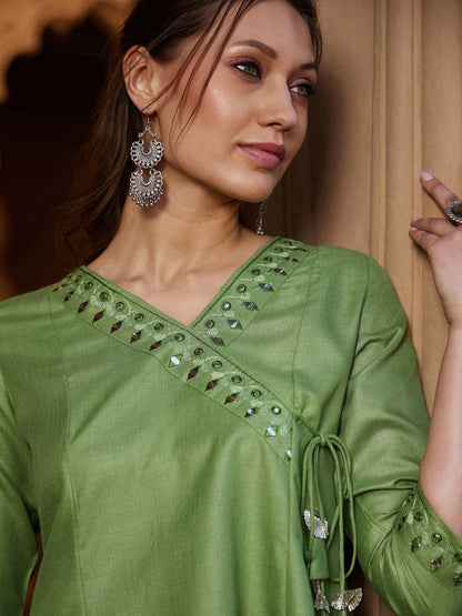 Women's Green Embroidered Angrakha Top