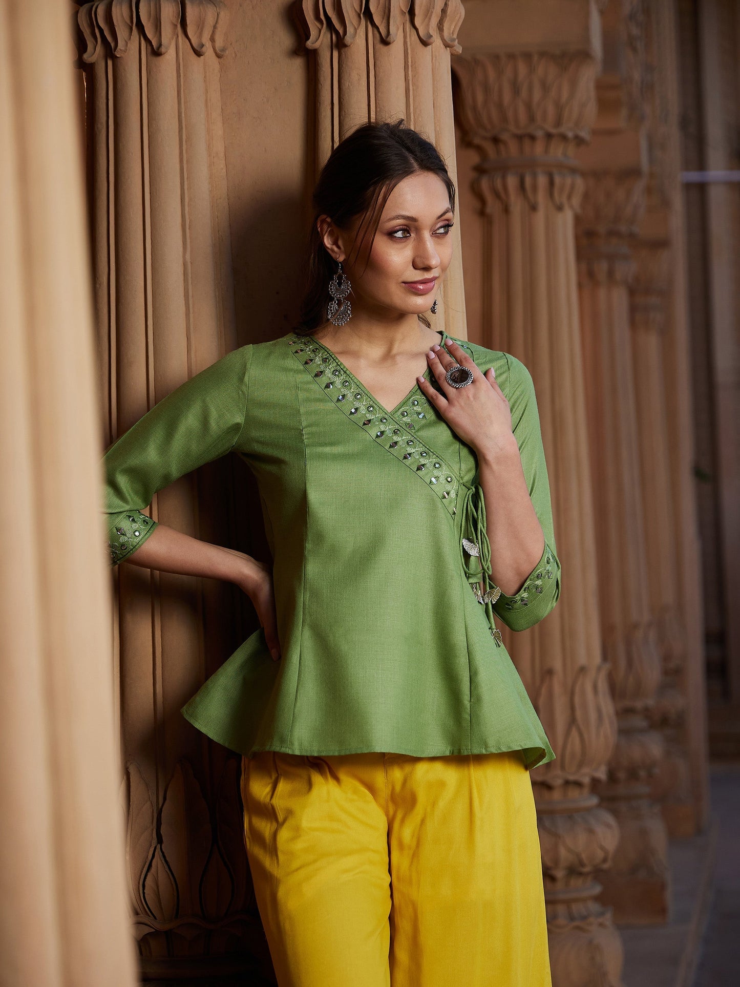 Women's Green Embroidered Angrakha Top